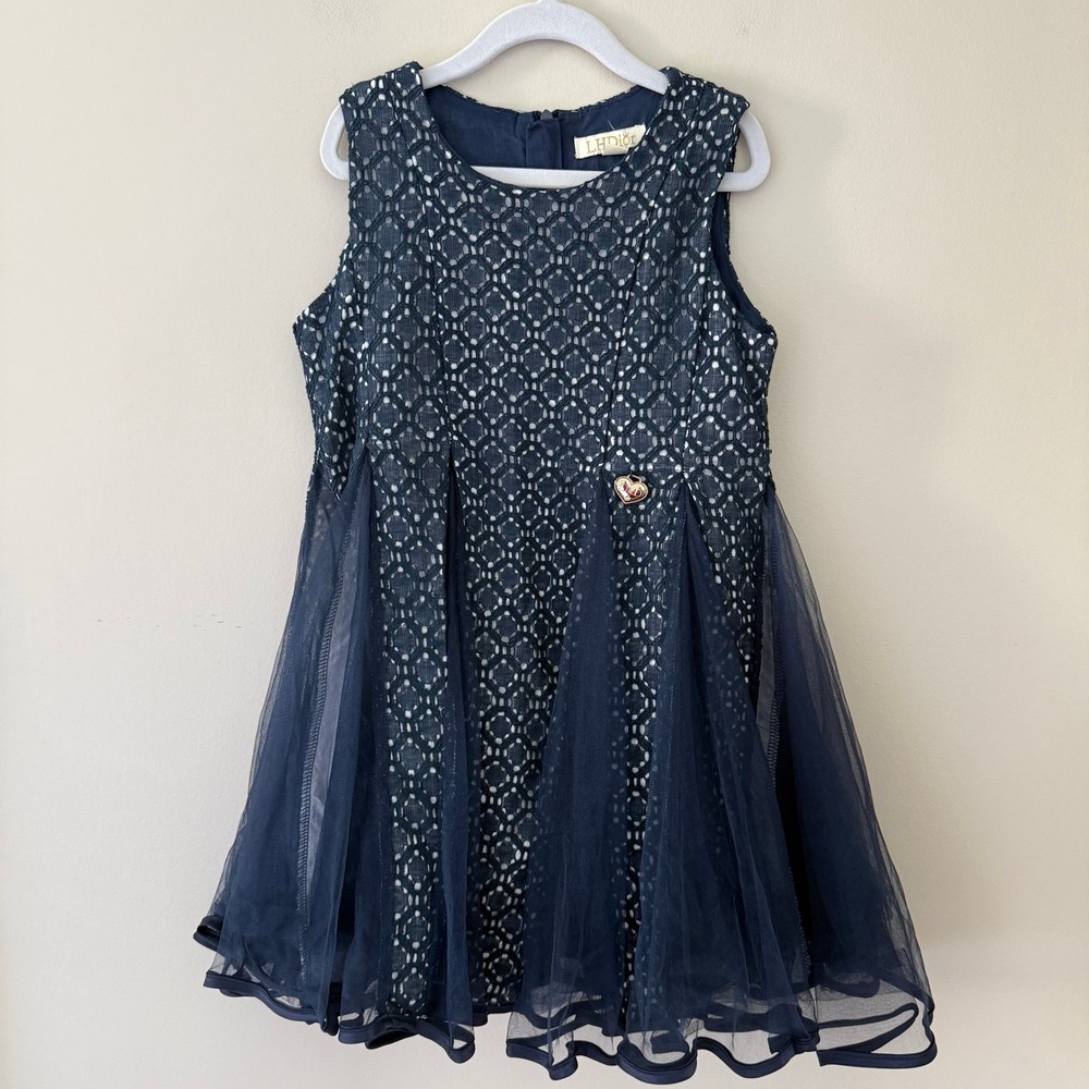 LHDior Girls Navy Blue Geometric Lace Tulle Godet Party Dress Size 7/8Y